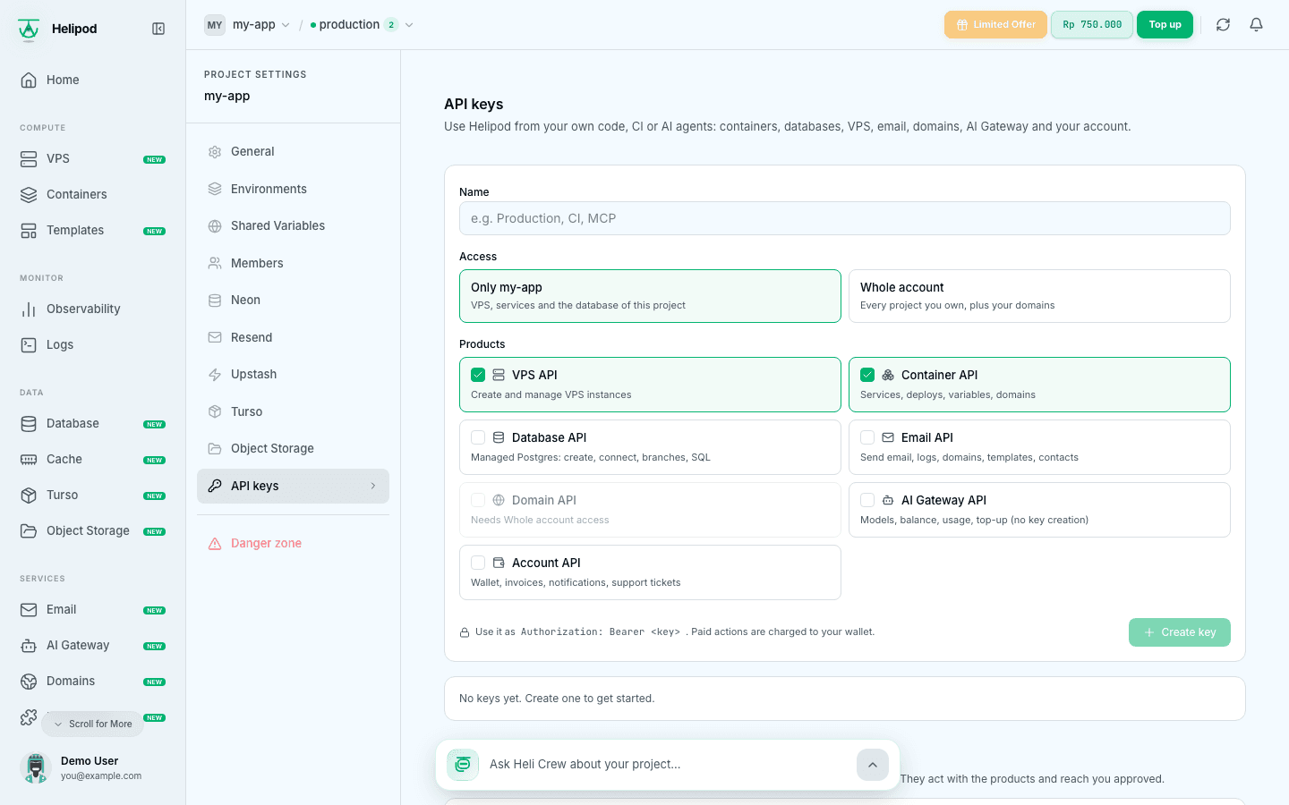 Settings, API keys