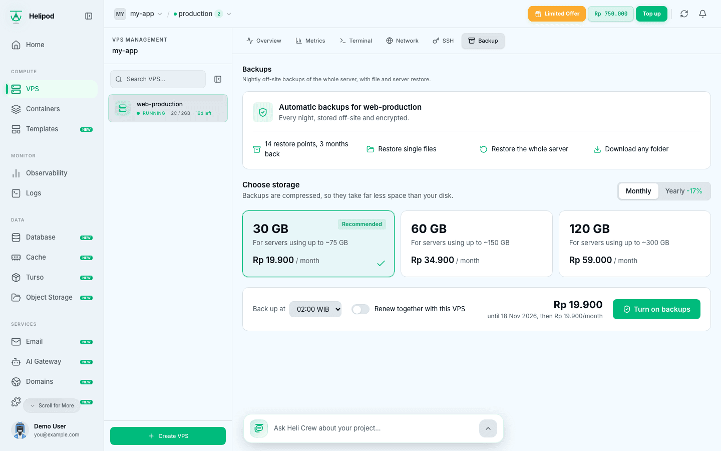 The Backup tab with status, restore points and history