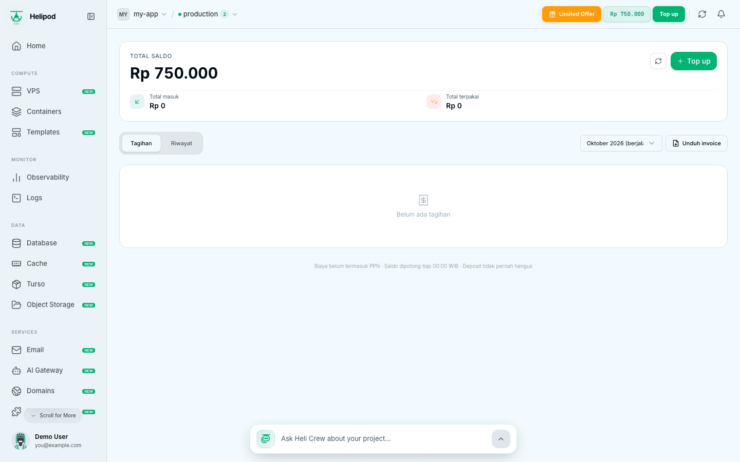 The Billing page with the wallet balance