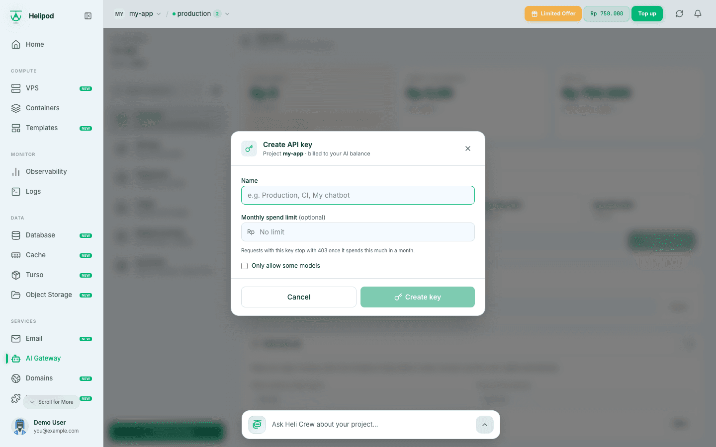 The Create API key dialog