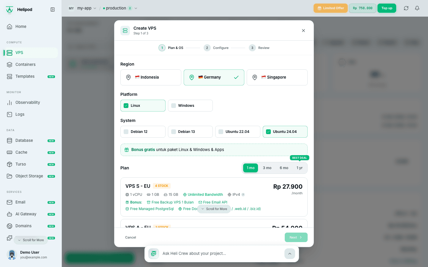 The Plan & OS step with regions, platforms, systems and plan cards