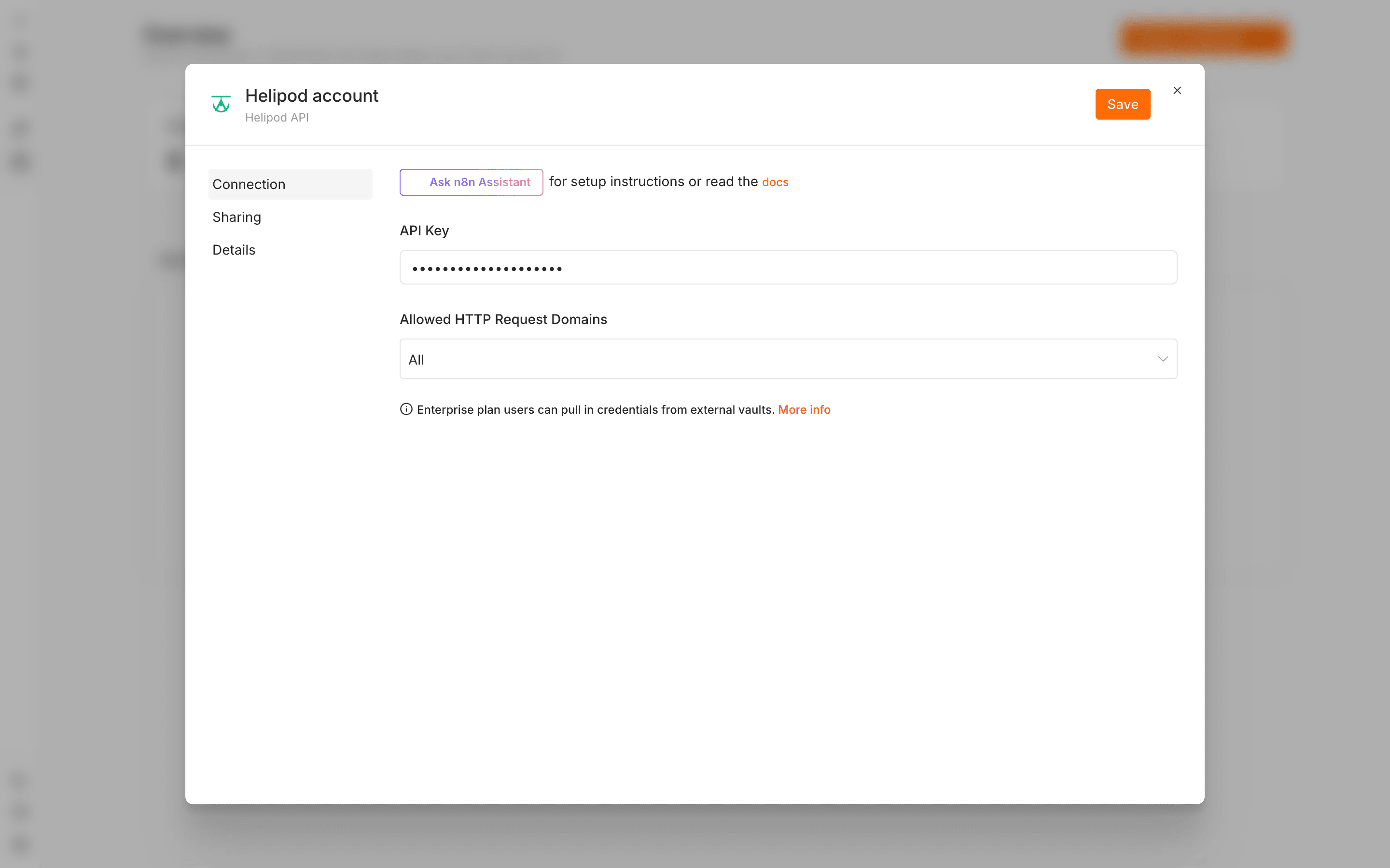 The Helipod API credential in n8n