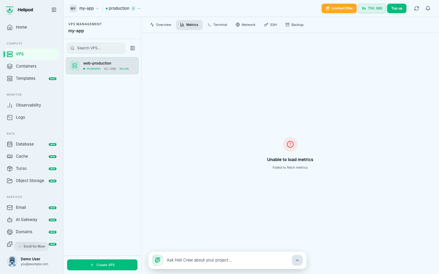 The Metrics tab with CPU, memory, disk and network charts