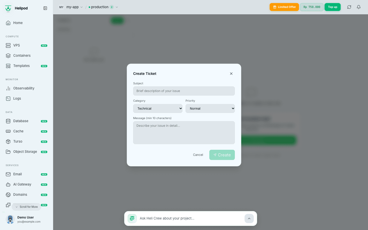 The Create Ticket window