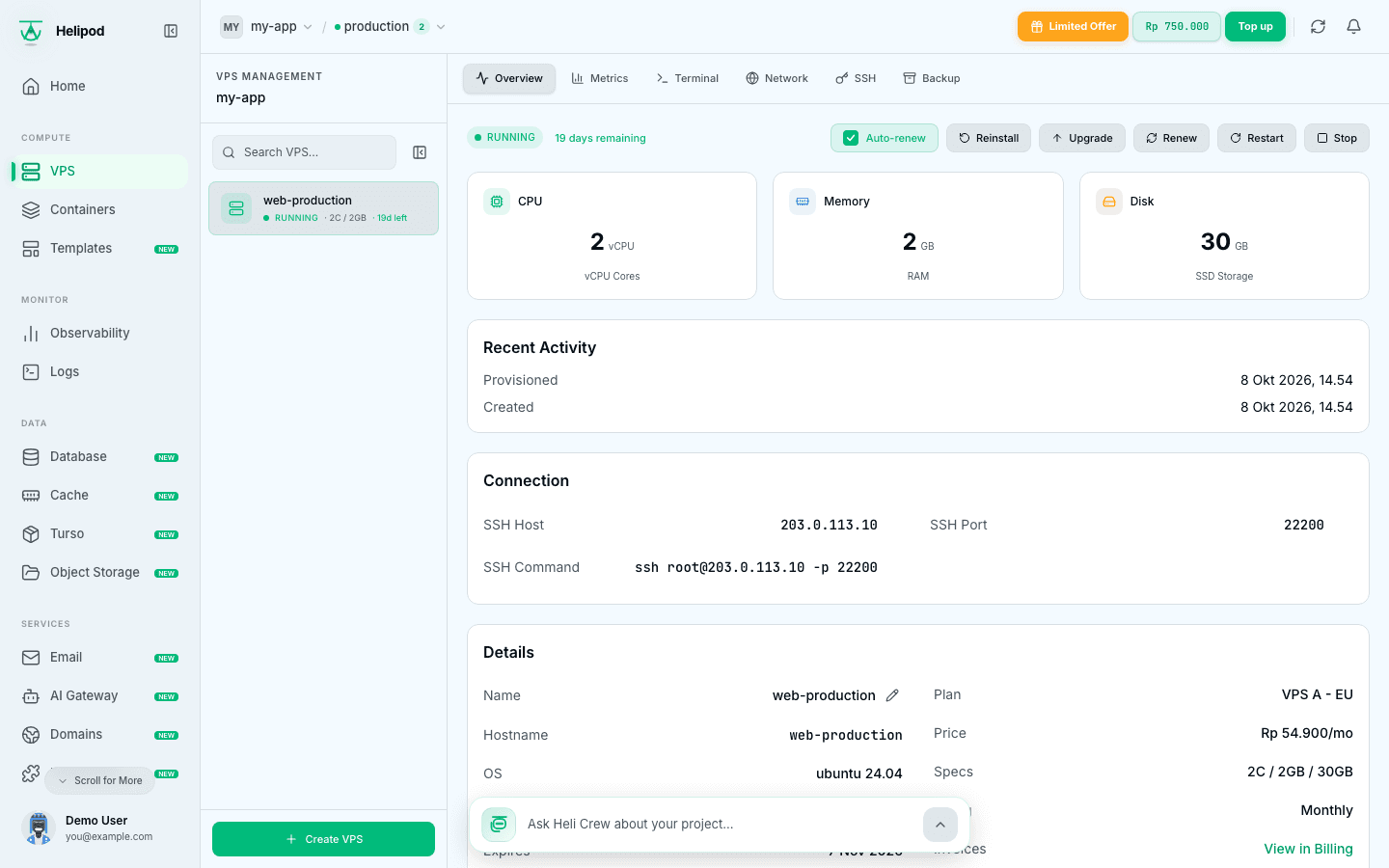 The Overview tab with status, actions, resources, connection and details