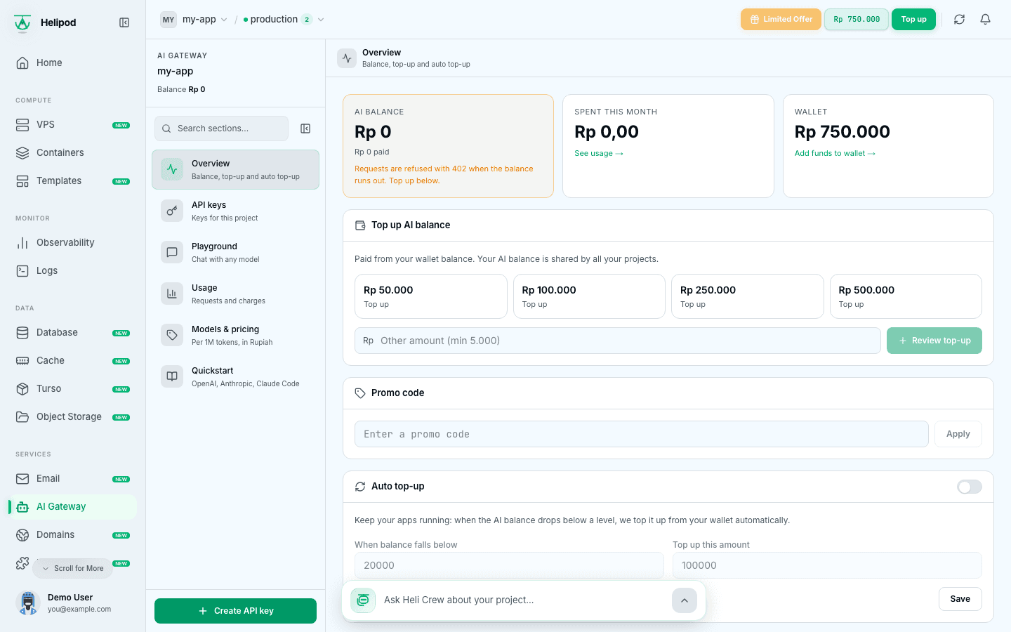 The AI Gateway overview with the AI balance