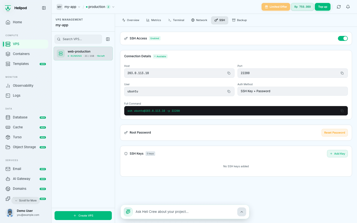 The SSH tab with connection details, root password and SSH keys